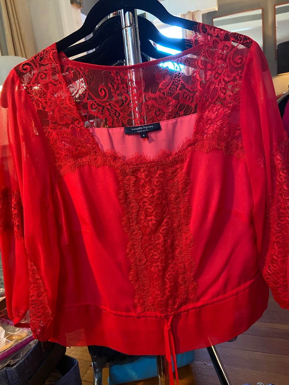Nanette Lepore Red Silk Lace-Yoke Sheer Sleeve Blouse